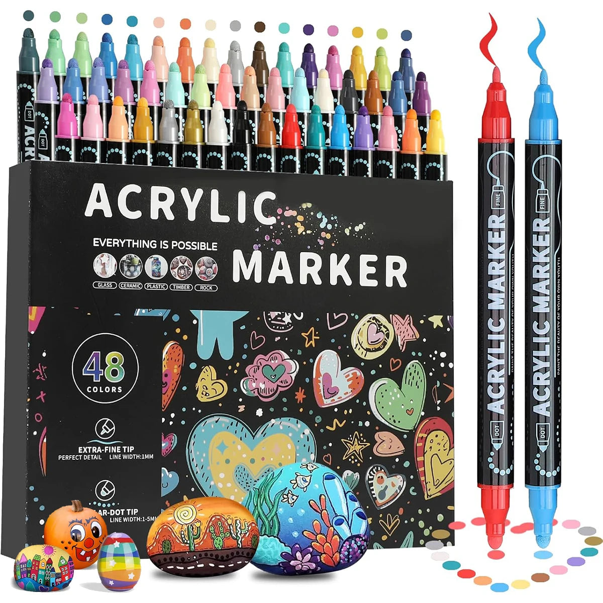 Rotuladores de pintura acrílica de doble punta (12, 24, 36 y 48 colores) para madera, lienzo, piedra, pintura rupestre, vidrio, cerámica, manualidades.