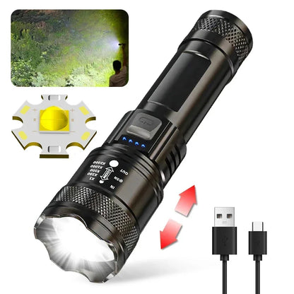 Linterna LED de alta potencia de 2000 lúmenes, linterna táctica con luz de pantalla, carga USB, linterna de emergencia con zoom para acampar y pescar.