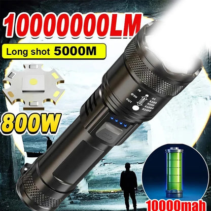 Linterna LED de alta potencia de 2000 lúmenes, linterna táctica con luz de pantalla, carga USB, linterna de emergencia con zoom para acampar y pescar.