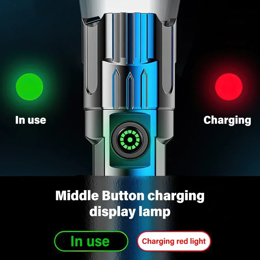 Linterna LED de alta potencia de 2000 lúmenes, linterna táctica con luz de pantalla, carga USB, linterna de emergencia con zoom para acampar y pescar.