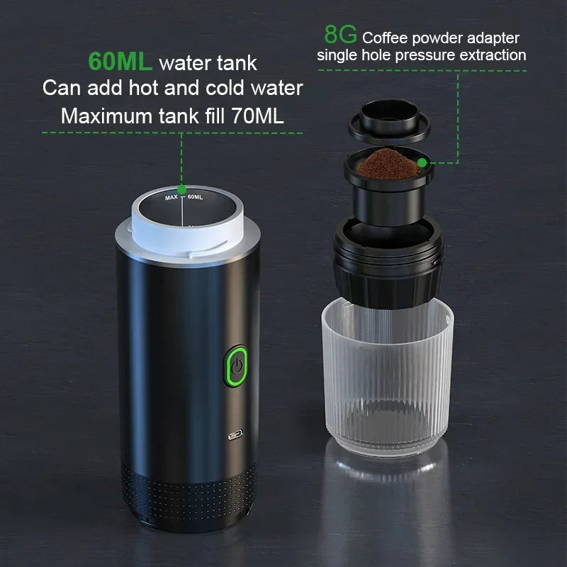 Cafetera expreso portátil, inalámbrica, eléctrica, para coche y camping, 3 en 1, para cápsulas de café en polvo, para viajes.