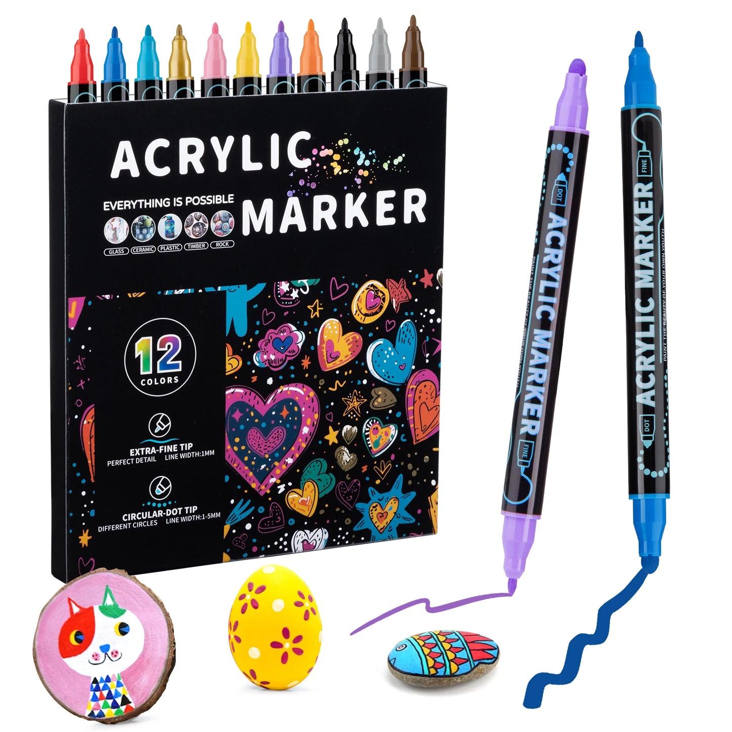 Rotuladores de pintura acrílica de doble punta (12, 24, 36 y 48 colores) para madera, lienzo, piedra, pintura rupestre, vidrio, cerámica, manualidades.