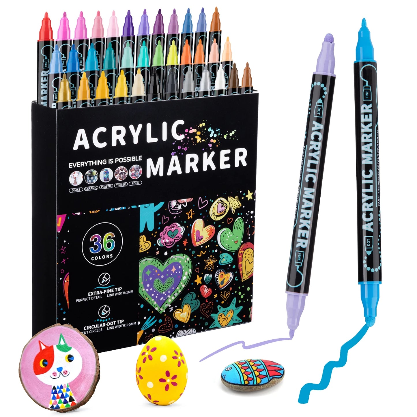 Rotuladores de pintura acrílica de doble punta (12, 24, 36 y 48 colores) para madera, lienzo, piedra, pintura rupestre, vidrio, cerámica, manualidades.