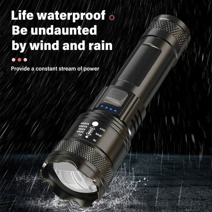Linterna LED de alta potencia de 2000 lúmenes, linterna táctica con luz de pantalla, carga USB, linterna de emergencia con zoom para acampar y pescar.